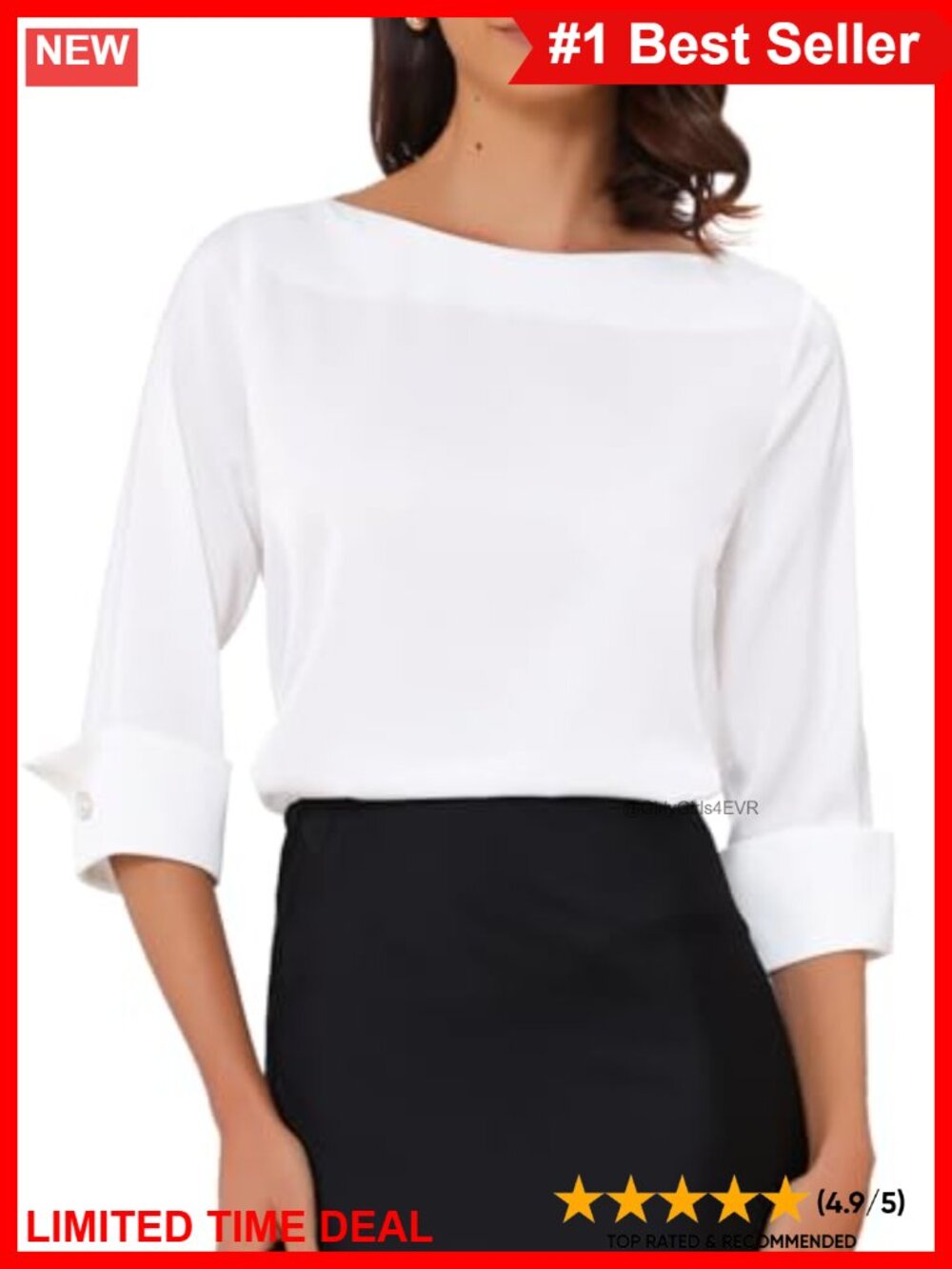 Satin Blouse 3/4 Sleeve Boat Neck Business Casual Work Top